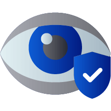 A blue eye is surrounded by a blue shield with a check mark on it.