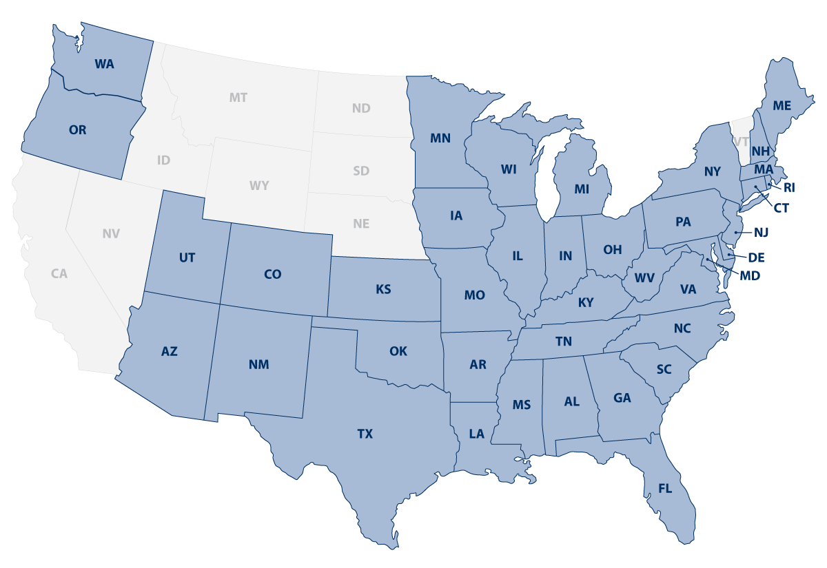 A blue and white coverage map of the united states