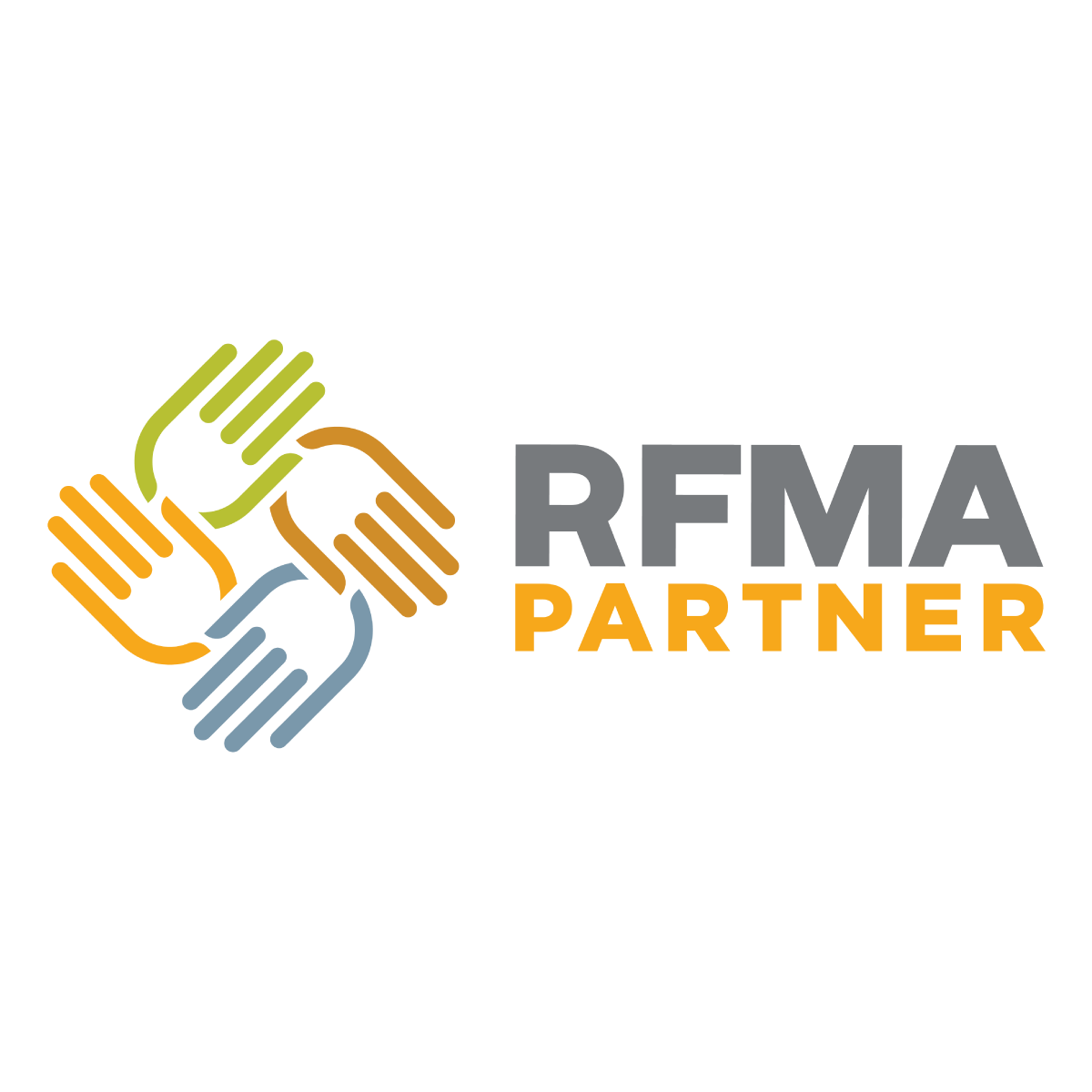 The logo for rfma partner shows three hands shaking each other.