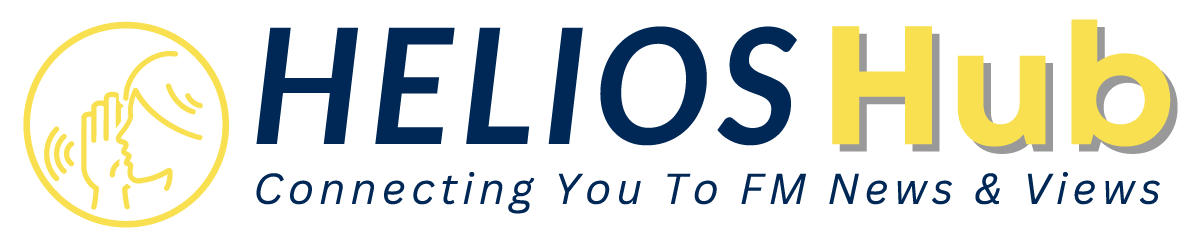 A logo for helios hub connecting you to fm news and views