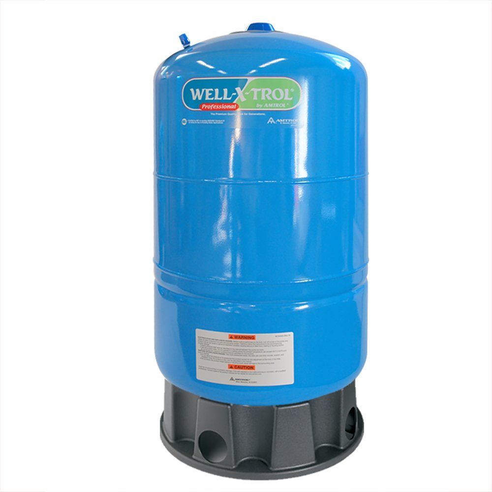 A blue well x trol water tank on a white background