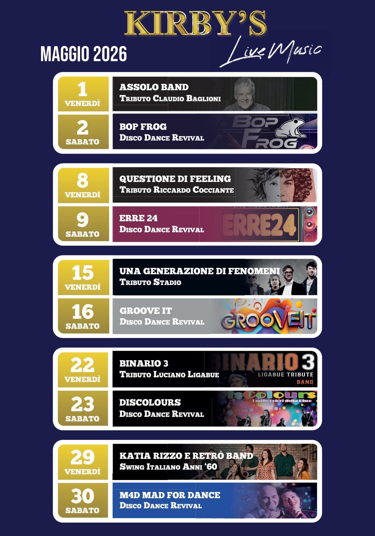 Un poster verde scuro per il Kirby's Live Music dell'aprile 2026, con l'elenco del programma di gruppi musicali tributo e da ballo.