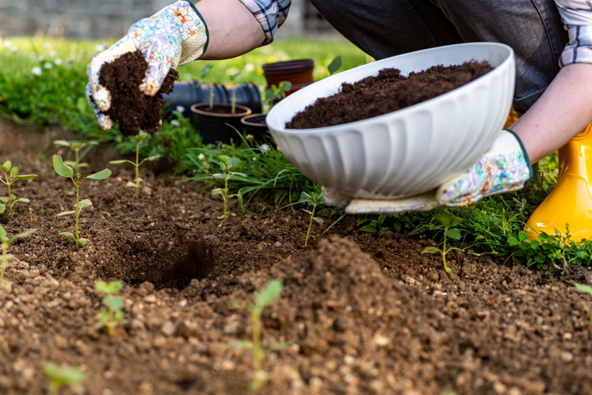 Customer digging in dirt with hands collecting their own soil sample from their backyard