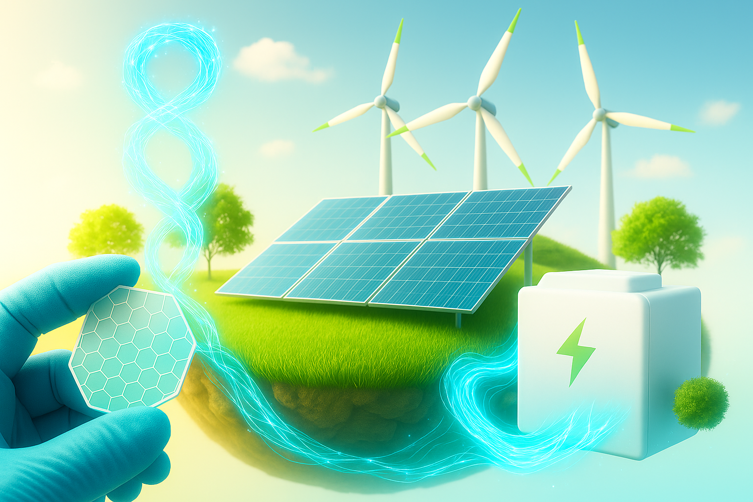 A hand is holding a piece of paper in front of a field of solar panels and wind turbines.