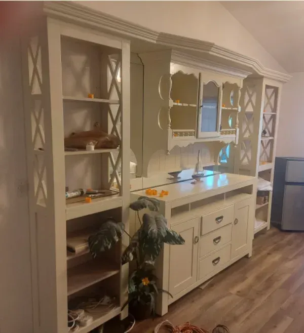 A living room with white cabinets and shelves and a plant