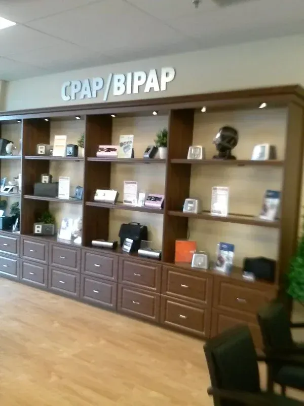 A room with shelves and a sign that says cpap / bipap