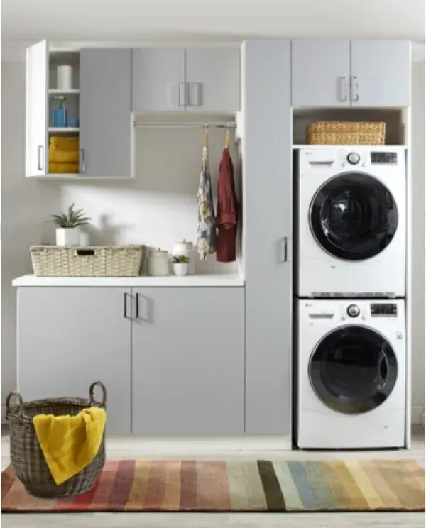 A laundry room with a washer and dryer stacked on top of each other