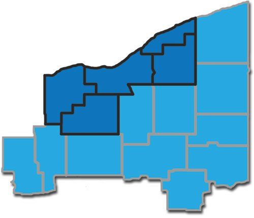 Map highlighting counties; a cluster of dark blue counties within a region of light blue counties.