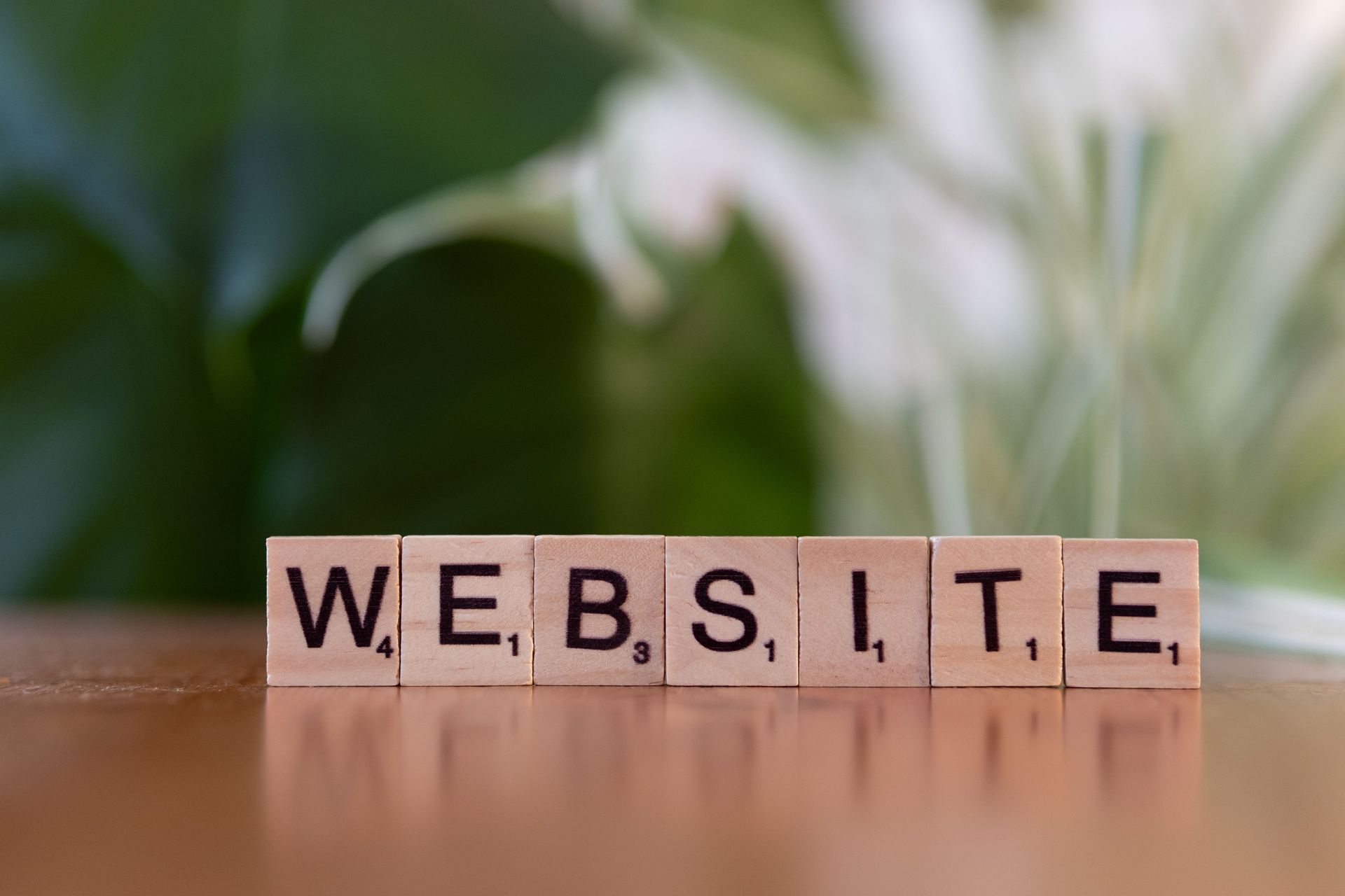Wooden letter blocks spelling “WEBSITE” on a tabletop with a blurred green background