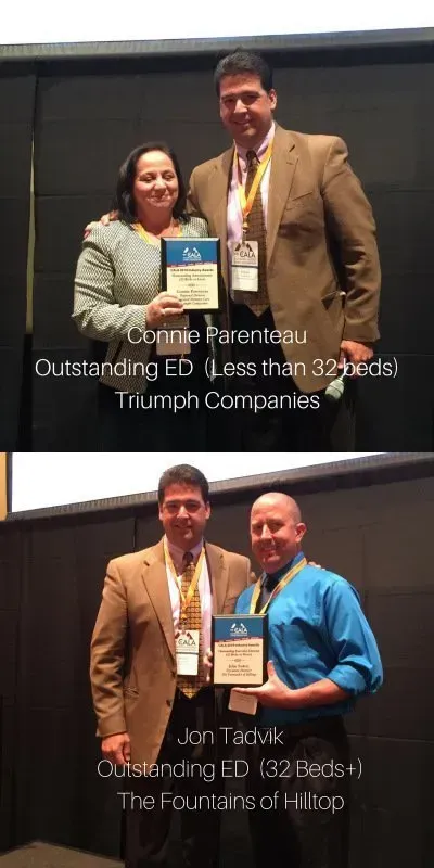 Two photos of award recipients holding plaques. Text identifies them as Connie Parentesu (Triumph Companies) and Jon Tajik (The Fountains of Hilltop).
