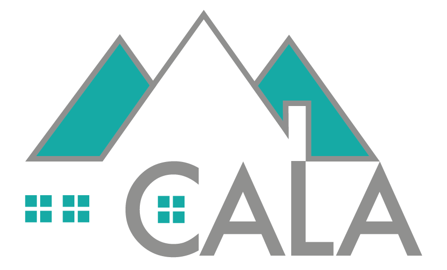 Logo featuring a house shape over text 