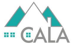 Logo featuring a house shape over text 