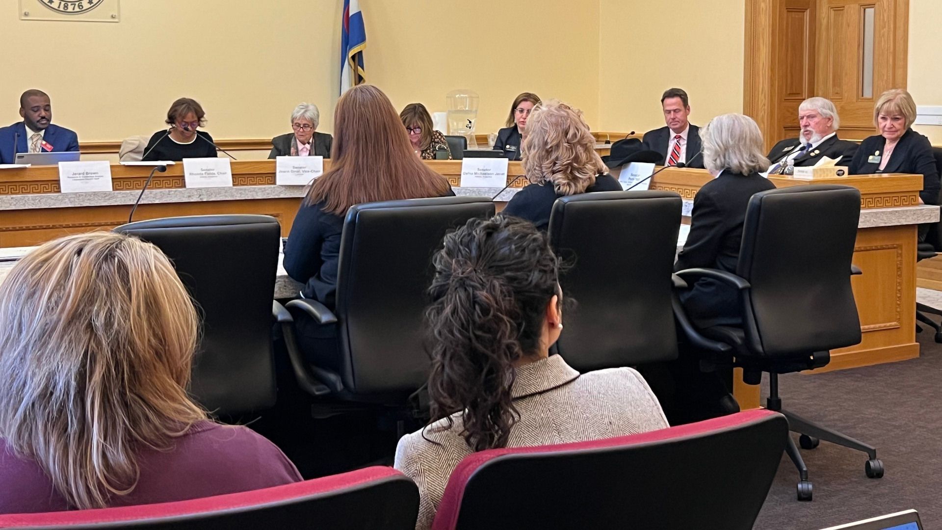 Panel of people at a table, with people in the foreground looking towards them; courtroom setting.