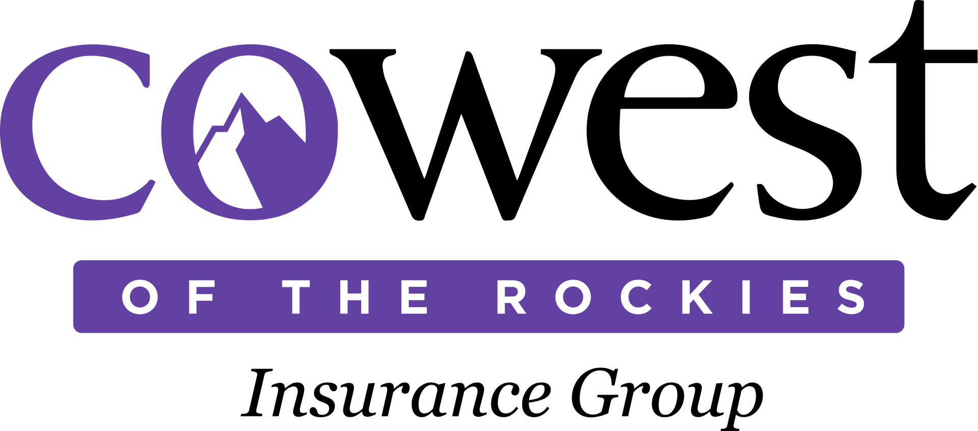 Logo for CoWest Insurance Group: purple and black text and mountain graphic.