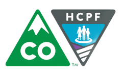 Green "CO" mountain logo next to a blue and gray HCPF logo with a family symbol.