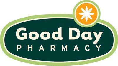 Good Day Pharmacy logo: green oval with text "Good Day PHARMACY"; orange circle with white star.