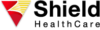 Shield Health Care logo: Red and gold geometric shape, black text.