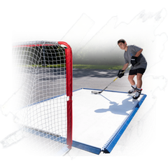 Inline hockey player shooting on a synthetic rink beside the goal