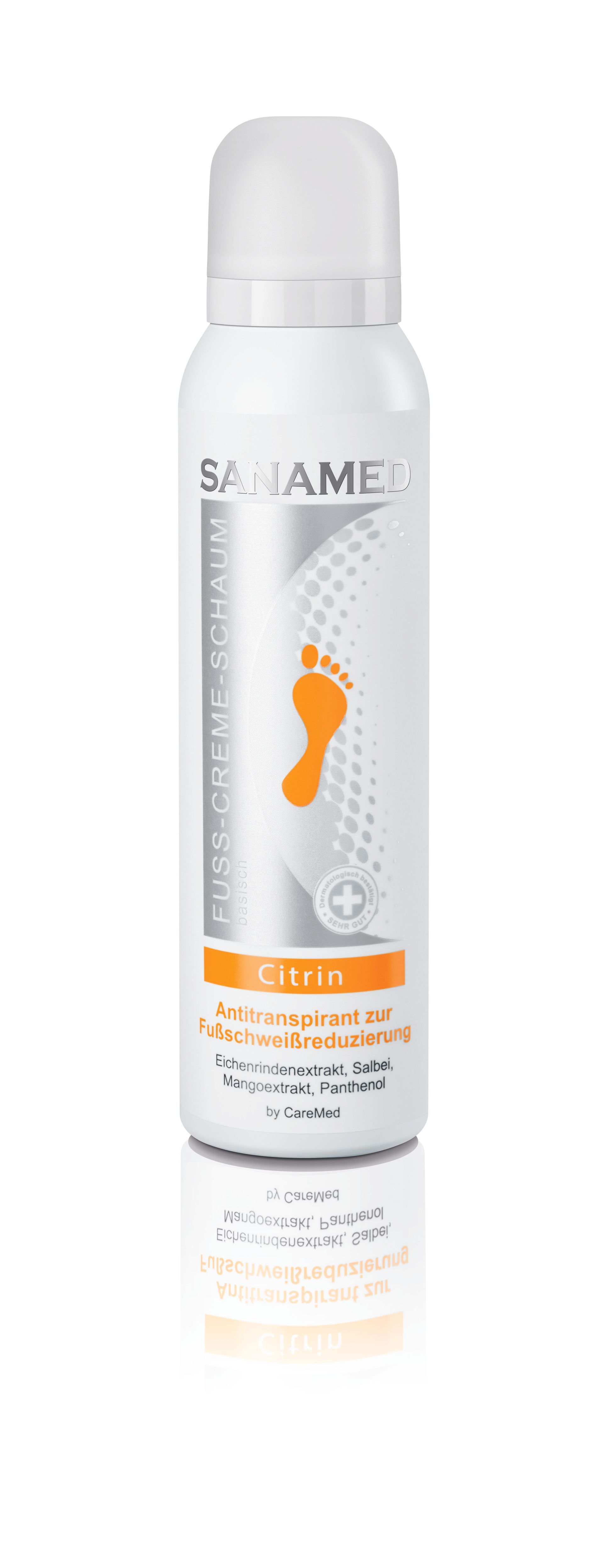 Eine Deoflasche mit dem Bild eines Fußes darauf.