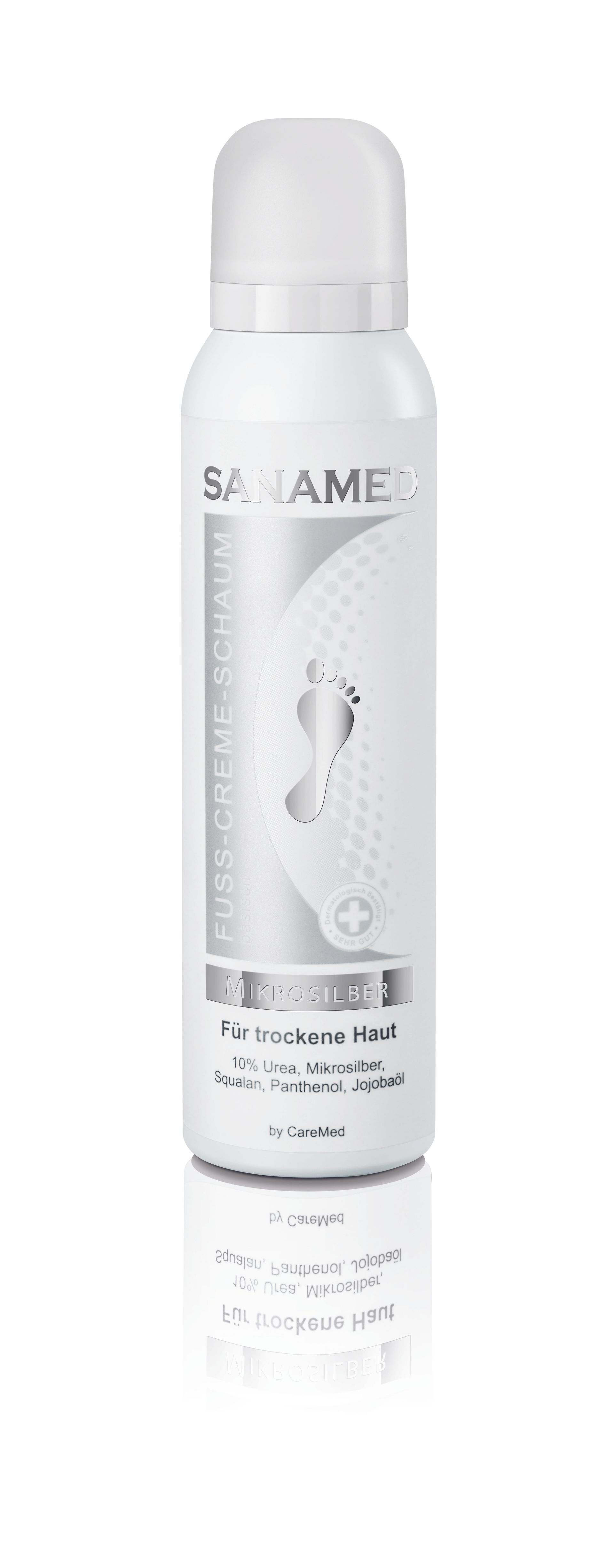 Eine weiße Deodorantflasche mit dem Bild eines Fußes darauf.