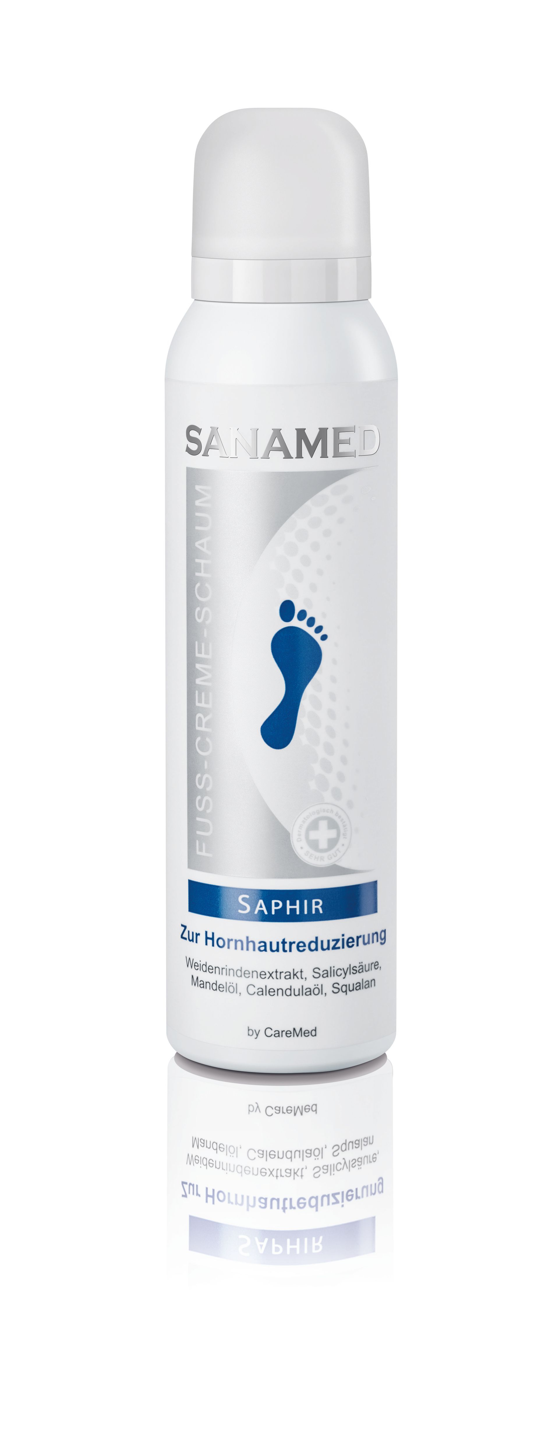 Eine weiße Deodorantflasche mit einem blauen Fußabdruck darauf.