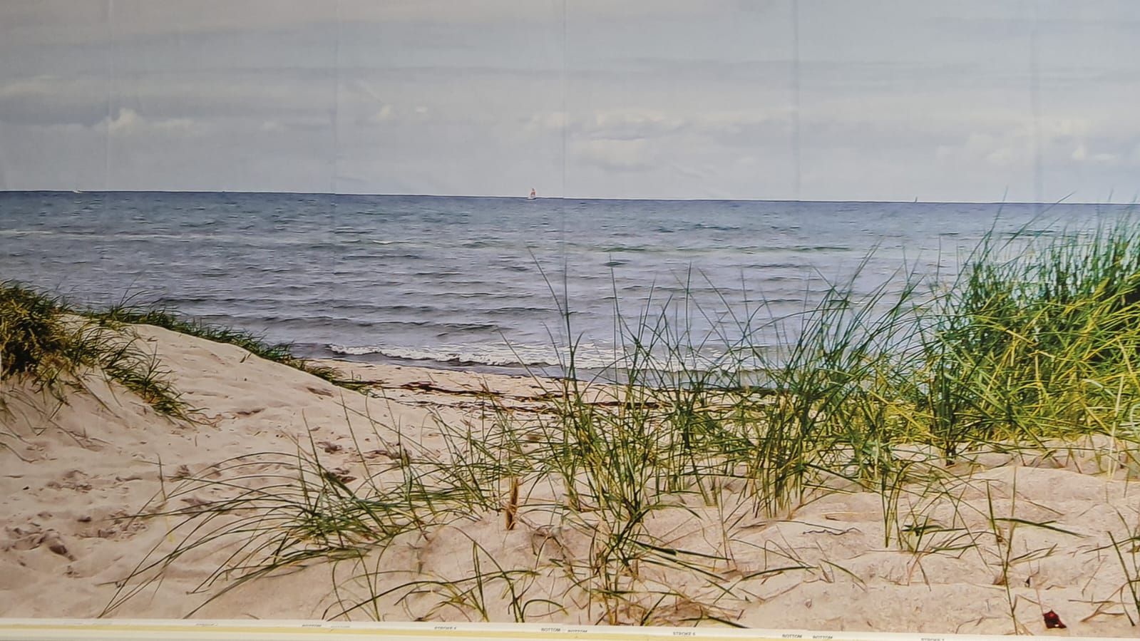 Ein Bild von einem Sandstrand mit Blick auf das Meer.
