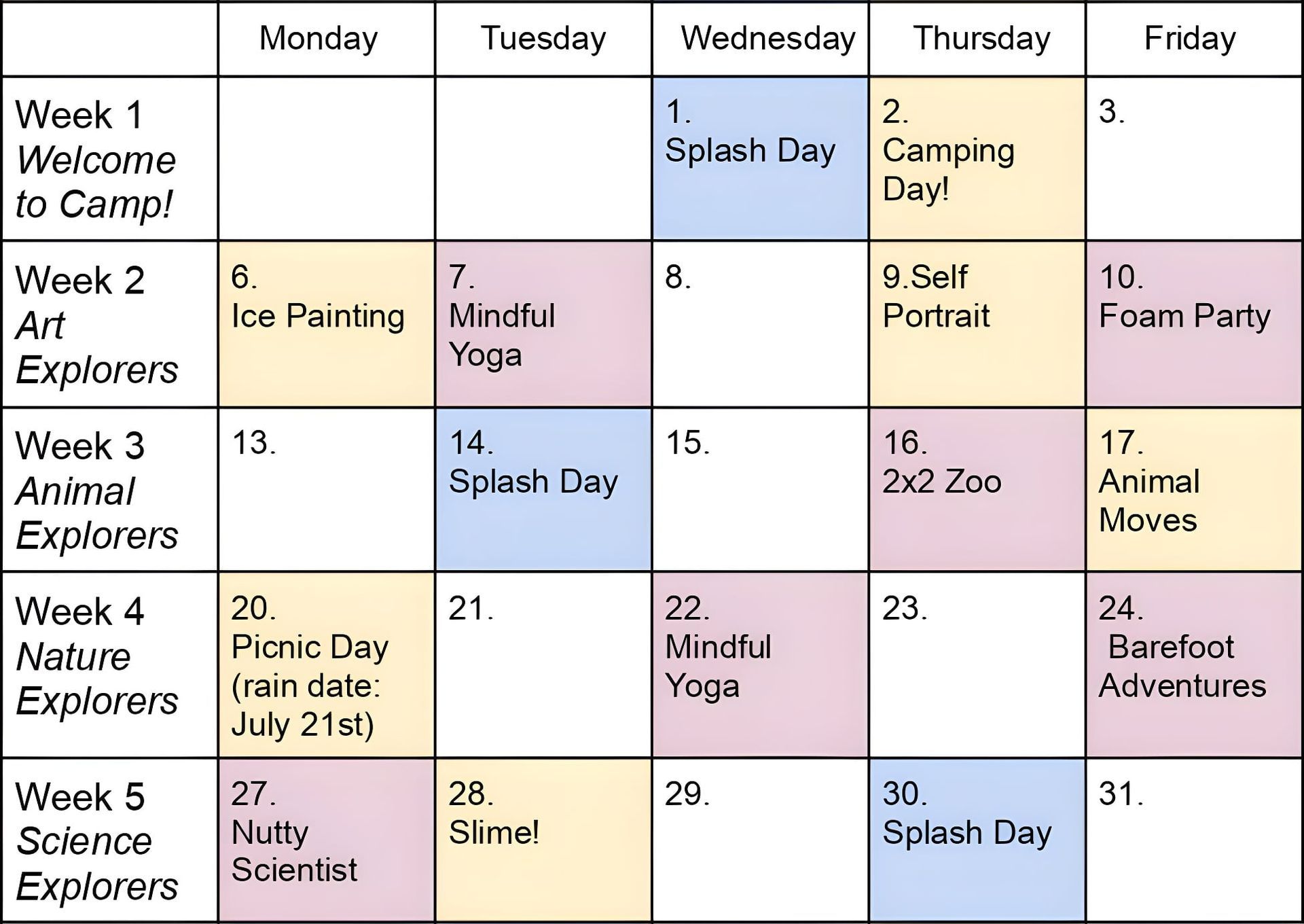 July 2026 Camp Calendar July 2026 Camp Calendar