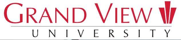 Grand View University logo in red with a vertical design element on the right.