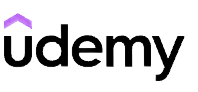 Udemy logo: Black text with a purple upward-pointing arrow above the