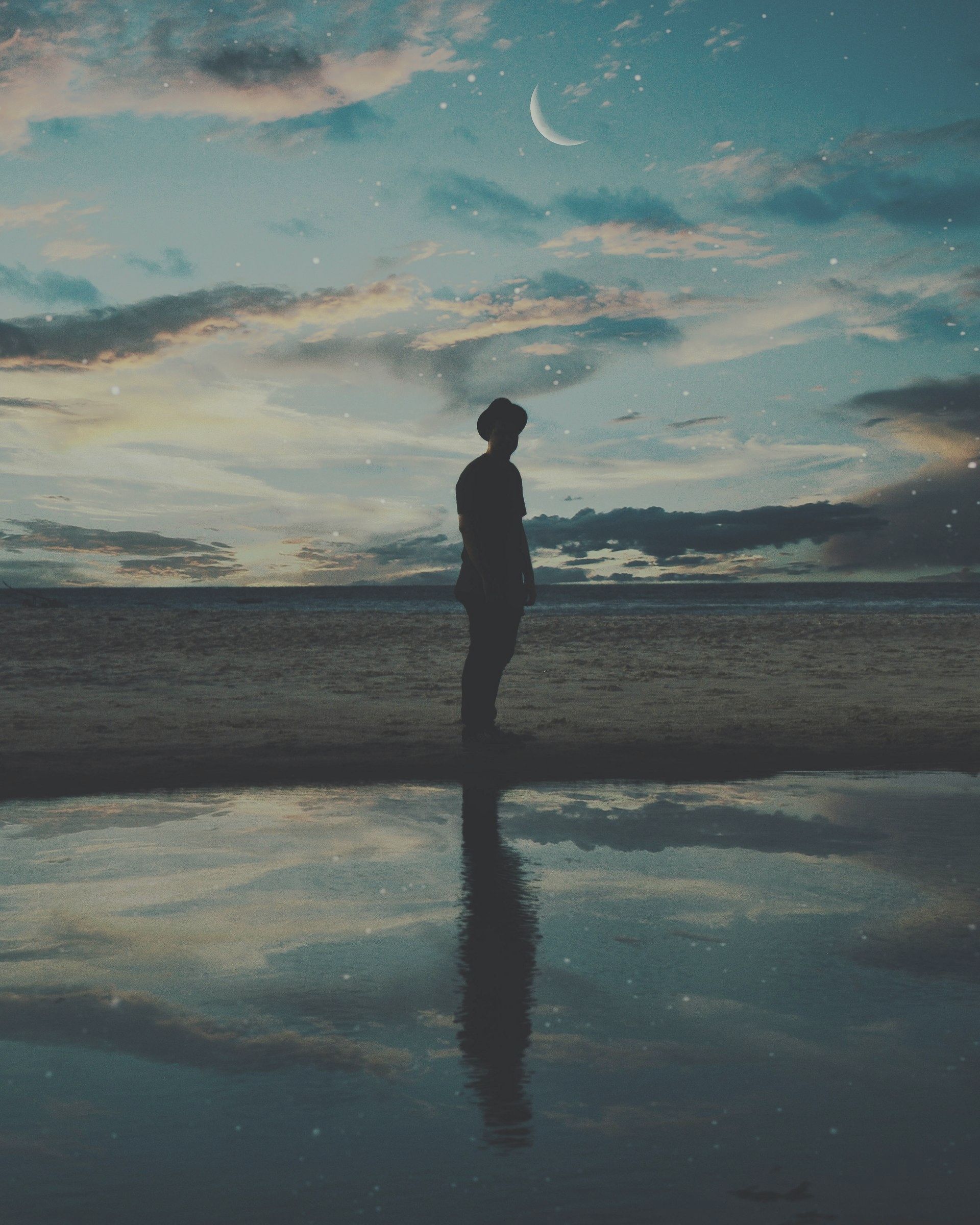 Silhouette of a person standing on a beach at dusk, reflecting in the wet sand under a crescent moon.