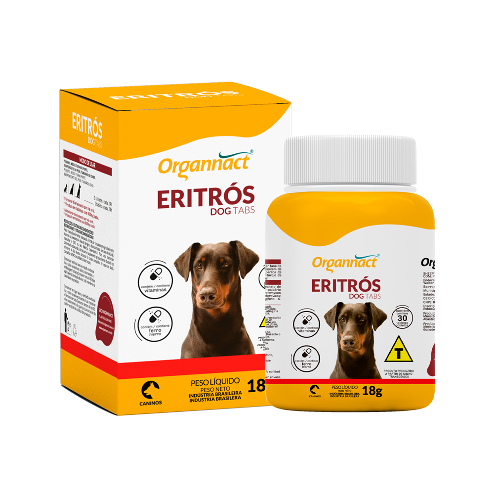 Caja y frasco de suplemento para perros, “Organact Eritrós”, de color amarillo y blanco, con imagen del perro.