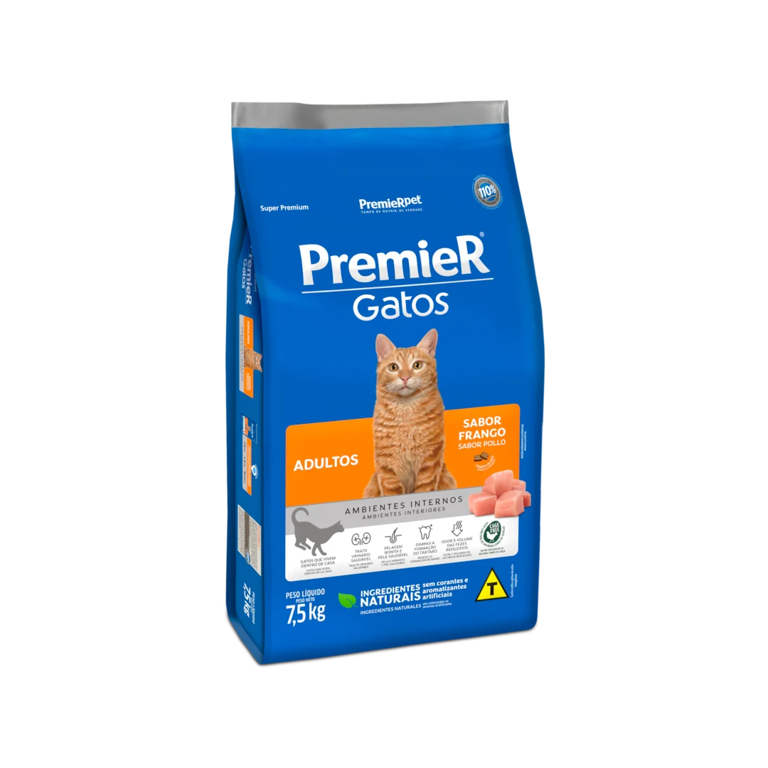 Bolsa azul de comida para gatos adultos Premier Gatos con un gato naranja en el frente.