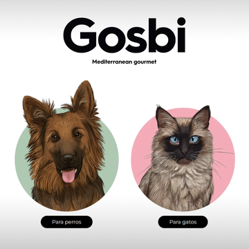 Logotipo con retratos de perros y gatos: Gosbi, gourmet mediterráneo. Etiquetas 