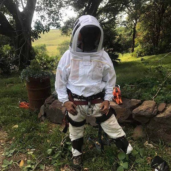 A Person Wearing a Protective Suit Is Standing in The Grass — Burnett Trees in Kiama, NSW