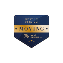 A blue and gold badge that says `` best in premium moving ''.