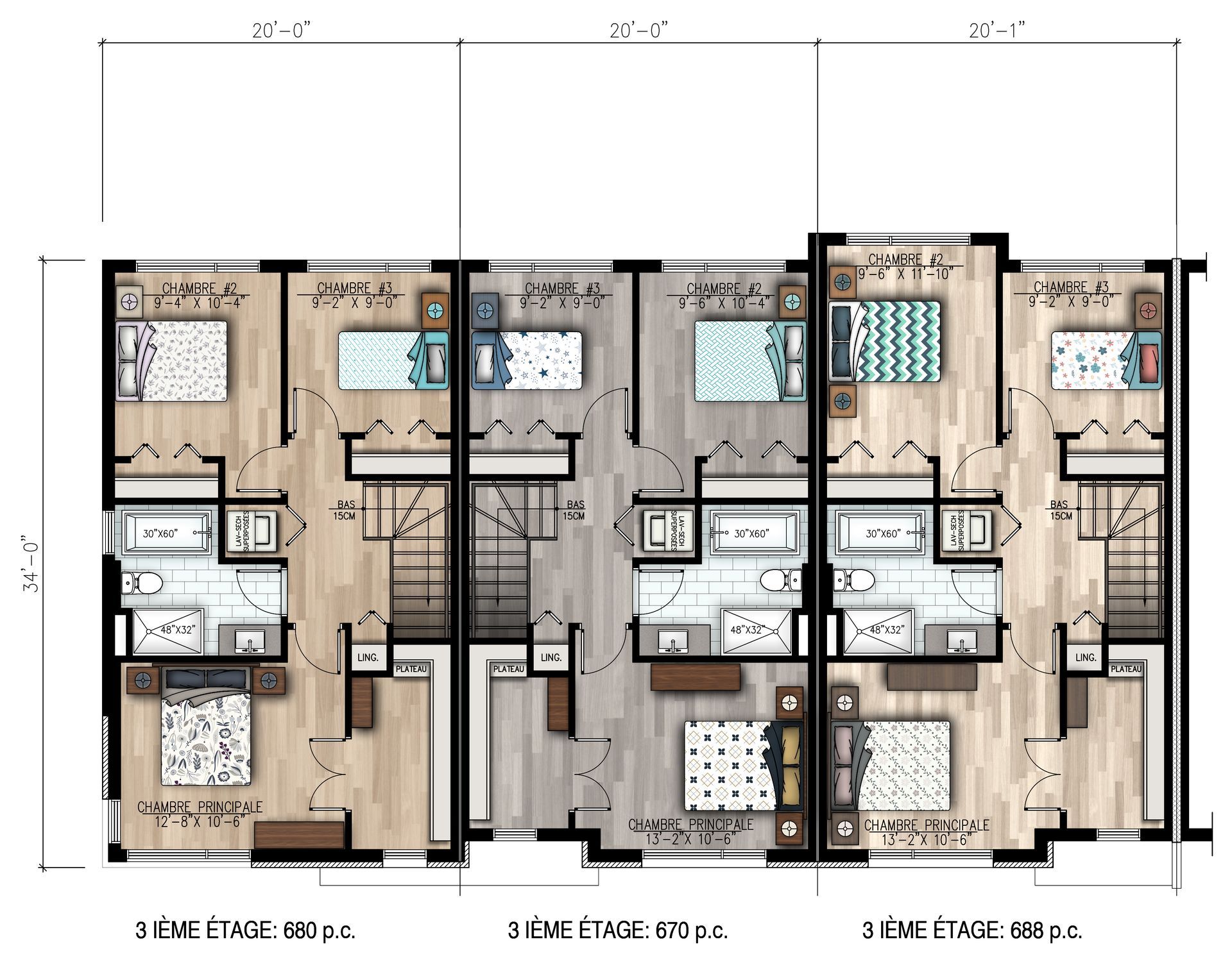 A floor plan of a house with four bedrooms and a staircase.