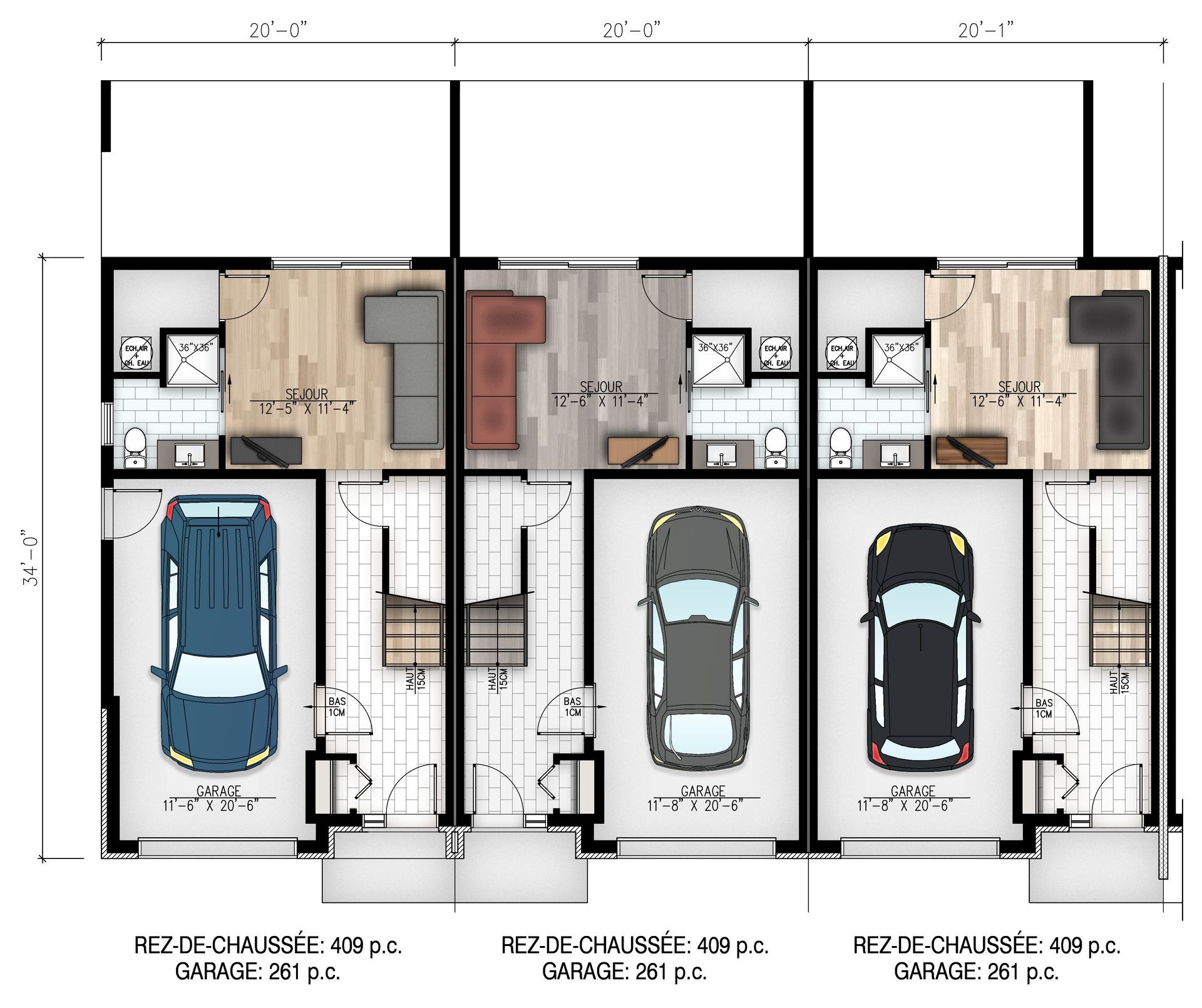 A floor plan of a house with cars parked in the garage.