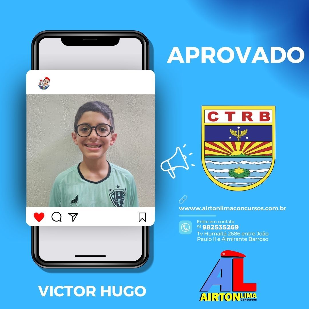 Victor Hugo aprovou, menino sorridente, fundo azul, logotipo do CTBR, postagem em mídia social.