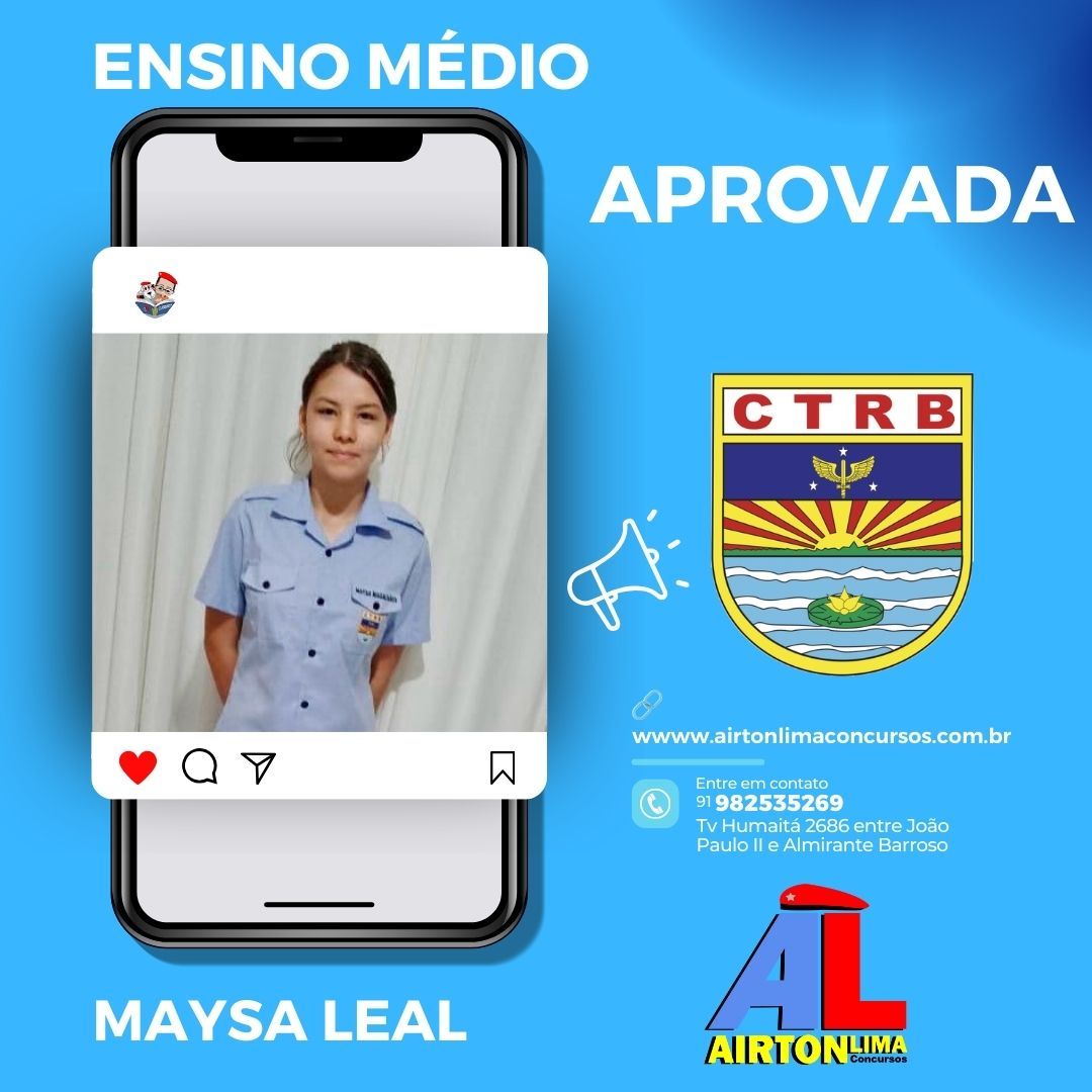 Maysa Leal aprovada para a escola CTBR. Mulher uniformizada com interface de usuário para redes sociais. Fundo, logotipo e texto azuis.