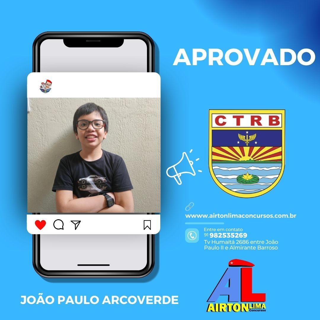 Um menino aprovado para o CTRB na tela de um celular. Fundo azul, emblema do CTRB, 