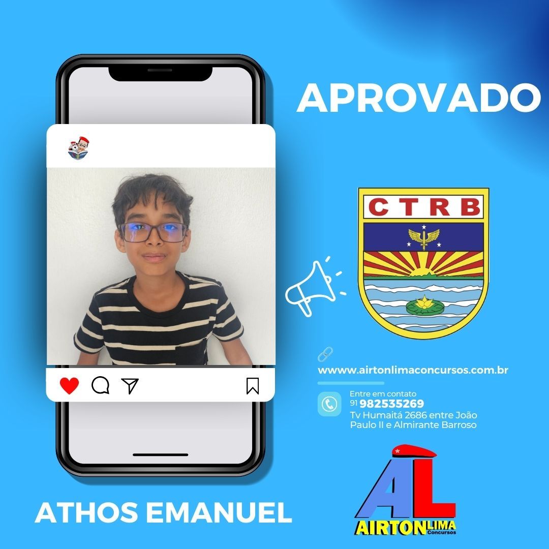 Athos Emanuel aprovado para o CTRB. Menino ao telefone com texto e logotipo da escola, fundo azul.