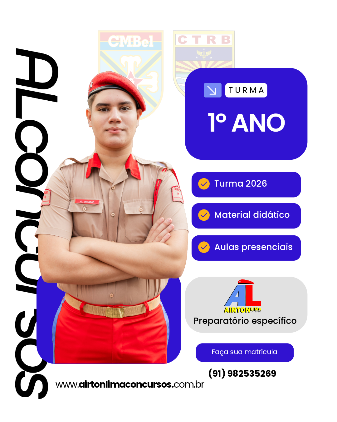 Um jovem com uniforme de bombeiro, um anúncio para um curso preparatório.