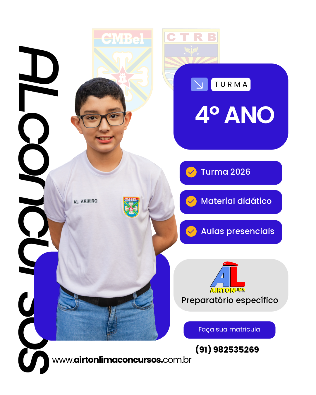 Um menino com uniforme escolar. Anúncio para AL Concursos: 4º ano, com recursos como material didático e aulas presenciais.