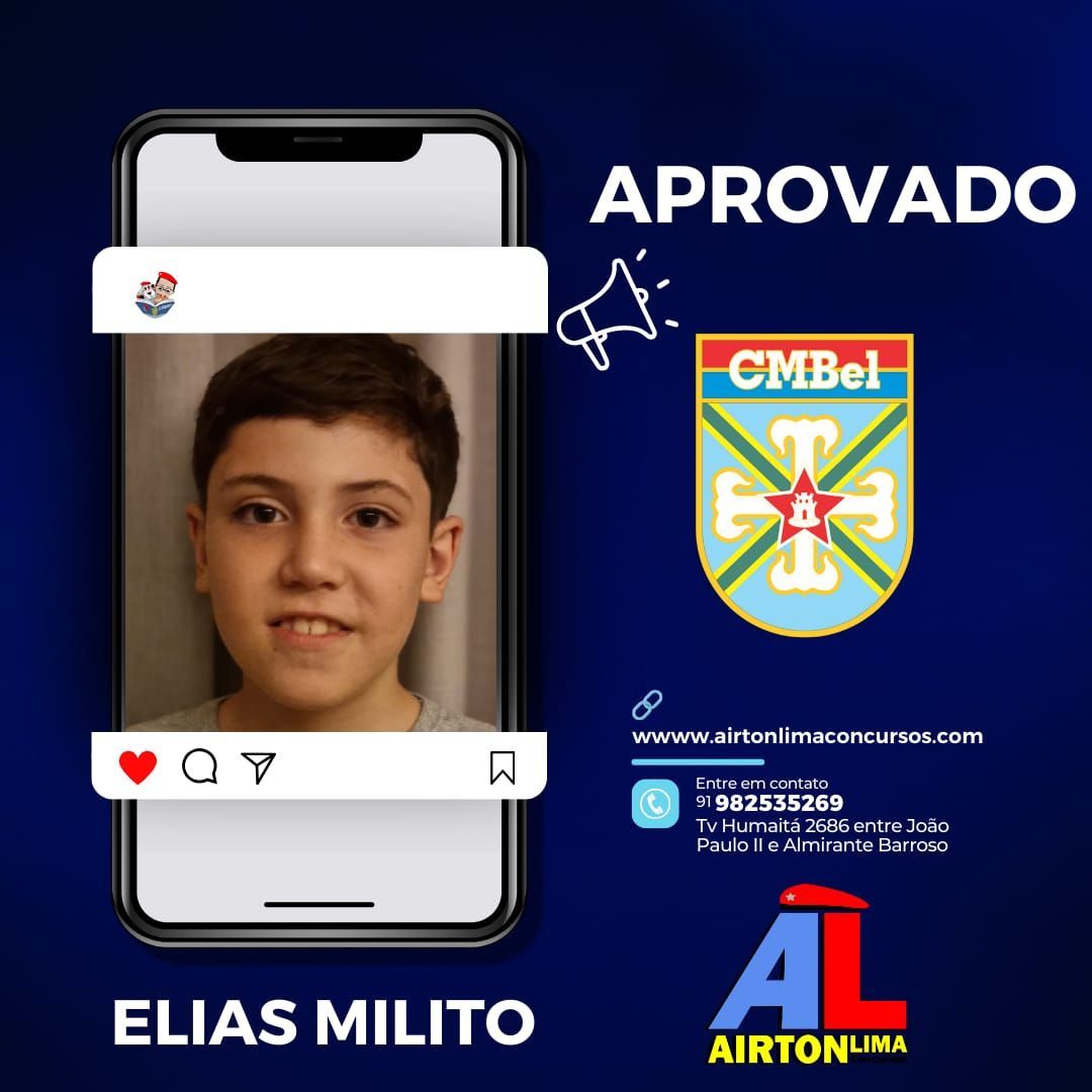 Elias Milito aprovado para a CMBel. Foto do menino no celular, fundo azul, logotipo da CMBel, texto 