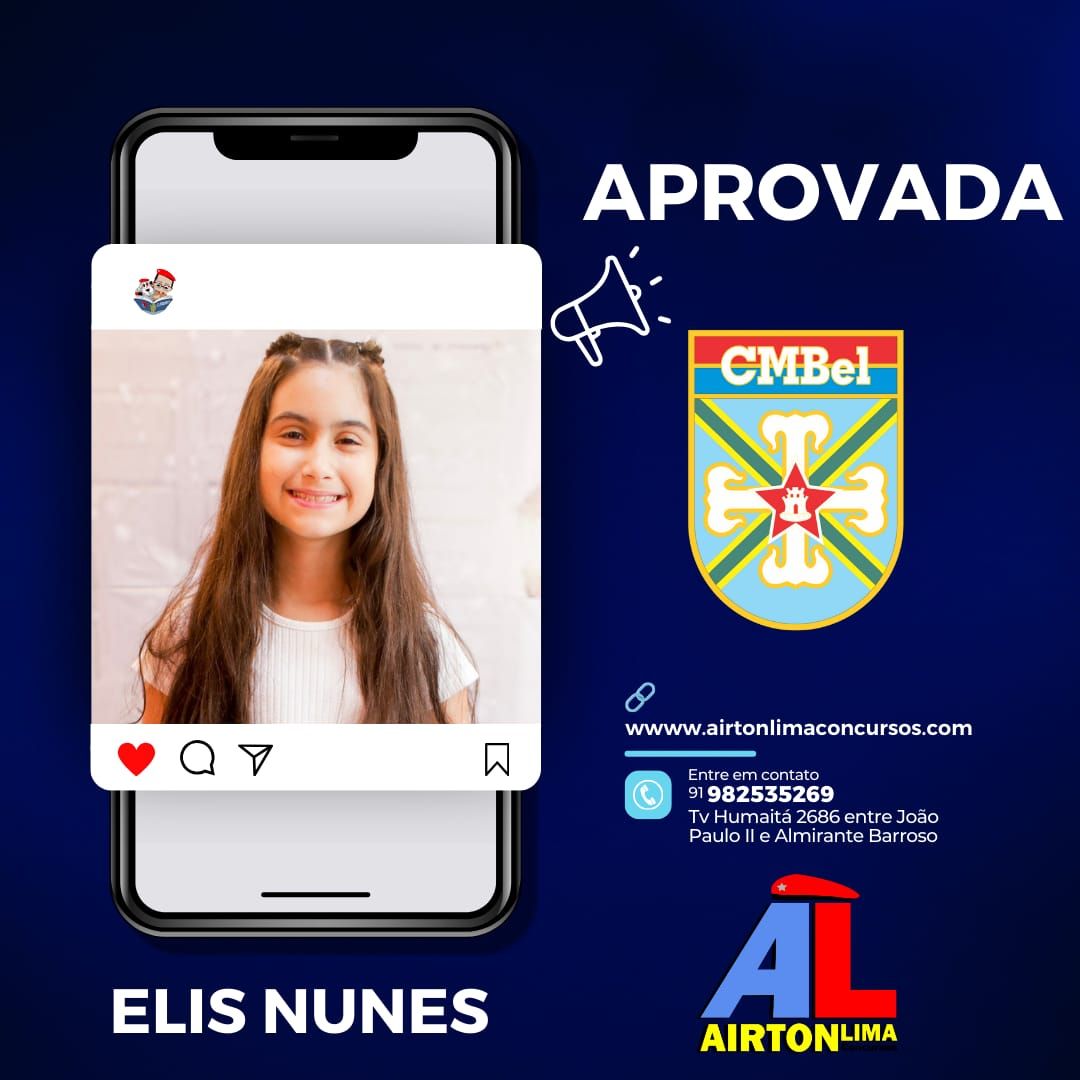 Aluna Elis Nunes aprovada na escola CMBel. Fundo azul marinho com logotipo e texto 