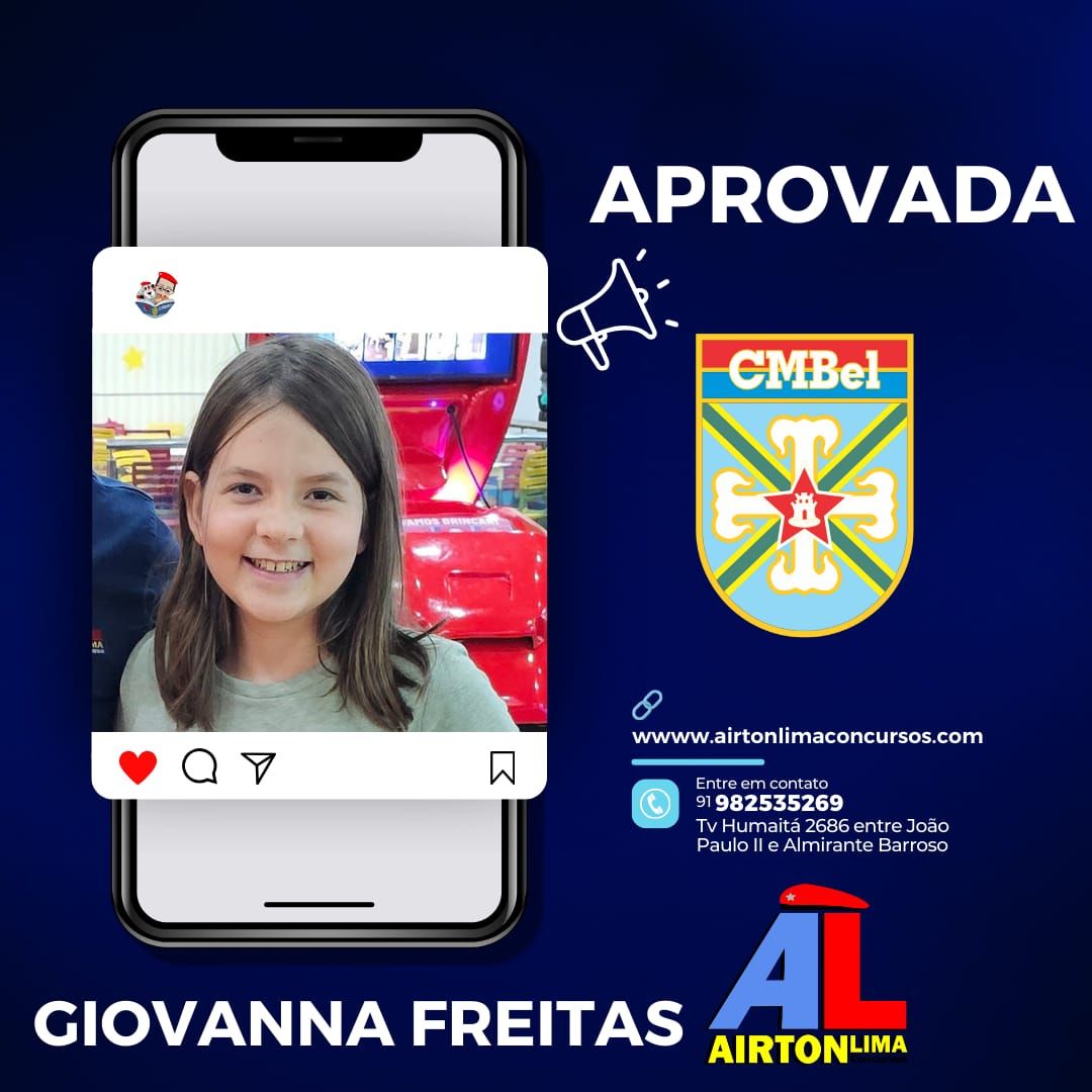Giovanna Freitas, menina sorridente, aprovada para o CMBeL. Smartphone exibindo publicação do Instagram. Fundo azul-escuro.