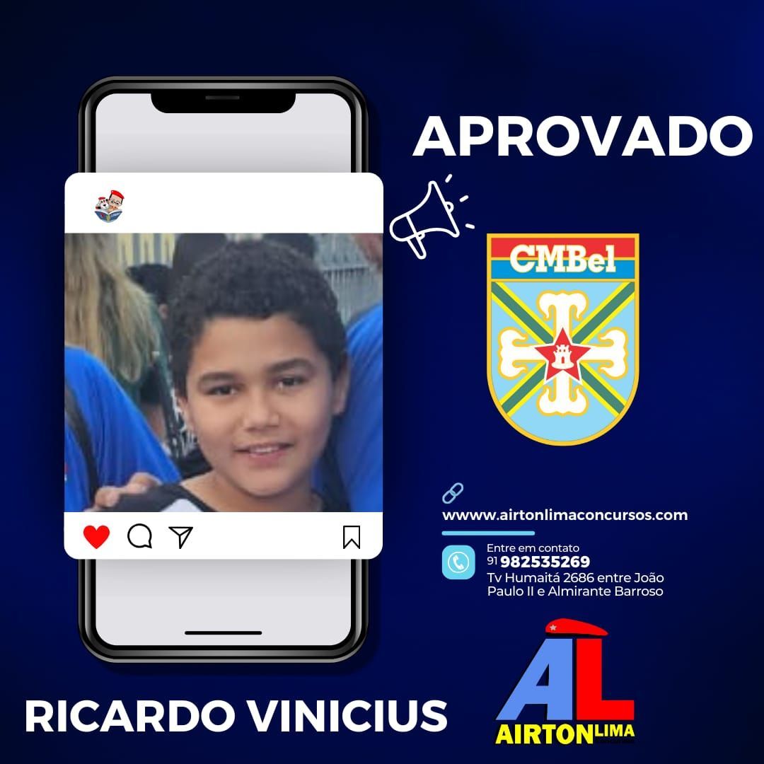 Um menino sorridente, Ricardo Vinicius, aprovado no CMBel, uma escola militar brasileira. A postagem está na tela de um celular.