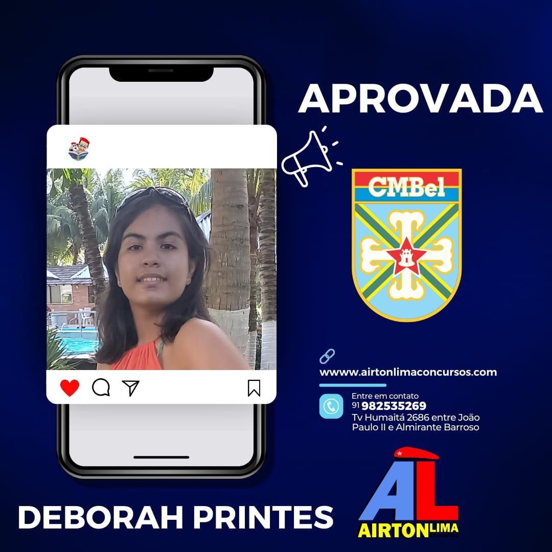 Deborah Printes aprovada para CMBel, telefone com postagem no Instagram, mulher sorridente, logotipo do CMBel, fundo azul.