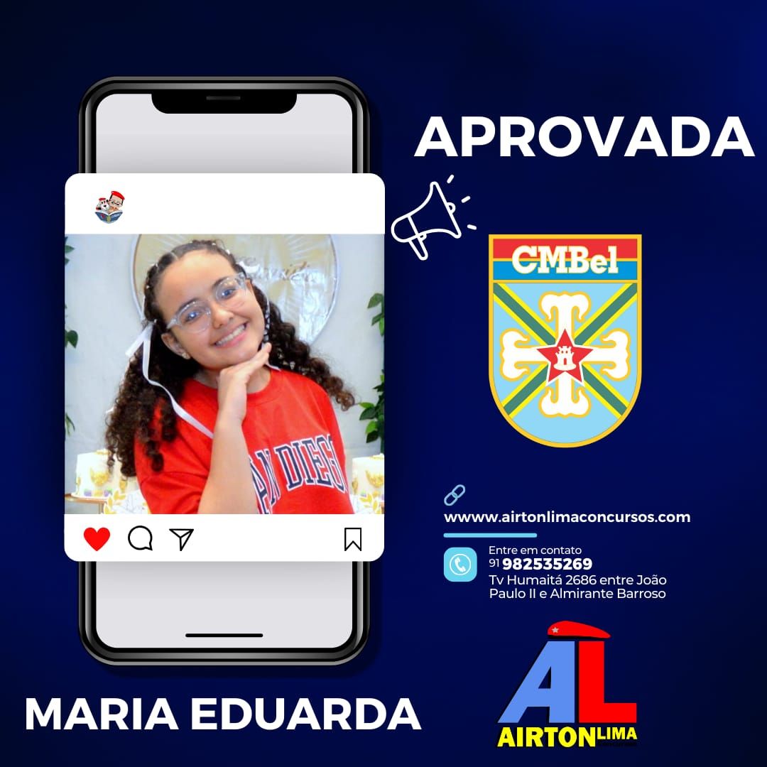 Maria Eduarda, aprovada, sorrindo, ao telefone com o logotipo da CMBel. Fundo azul.