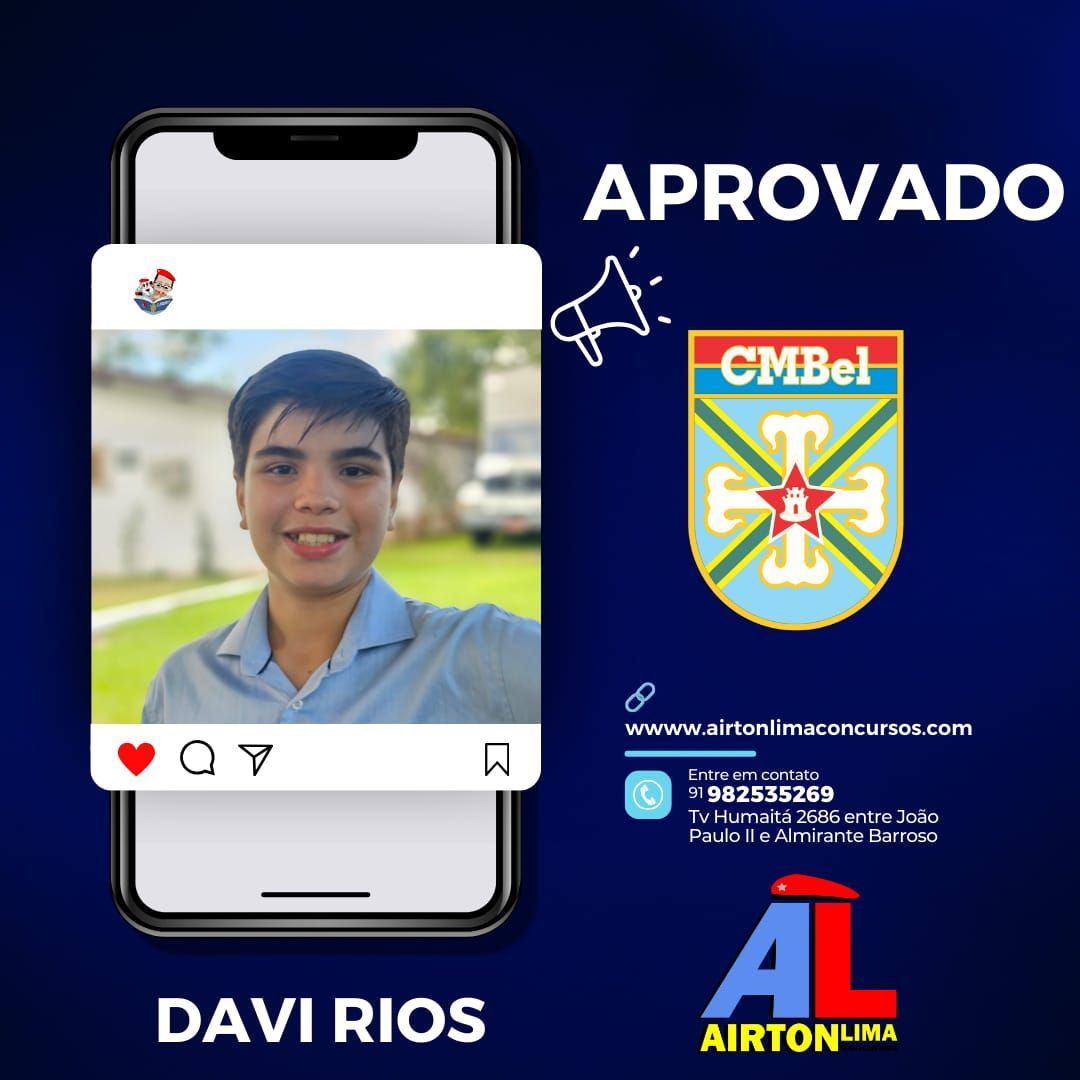 Um jovem, Davi Rios, é aprovado na CMBel, uma escola do exército. Tela de smartphone com logotipo e endereço da web.